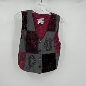 Faith Women Vest Size M Whimsigoth Patchwork‎ Velvet Paisley Beaded Boho Button